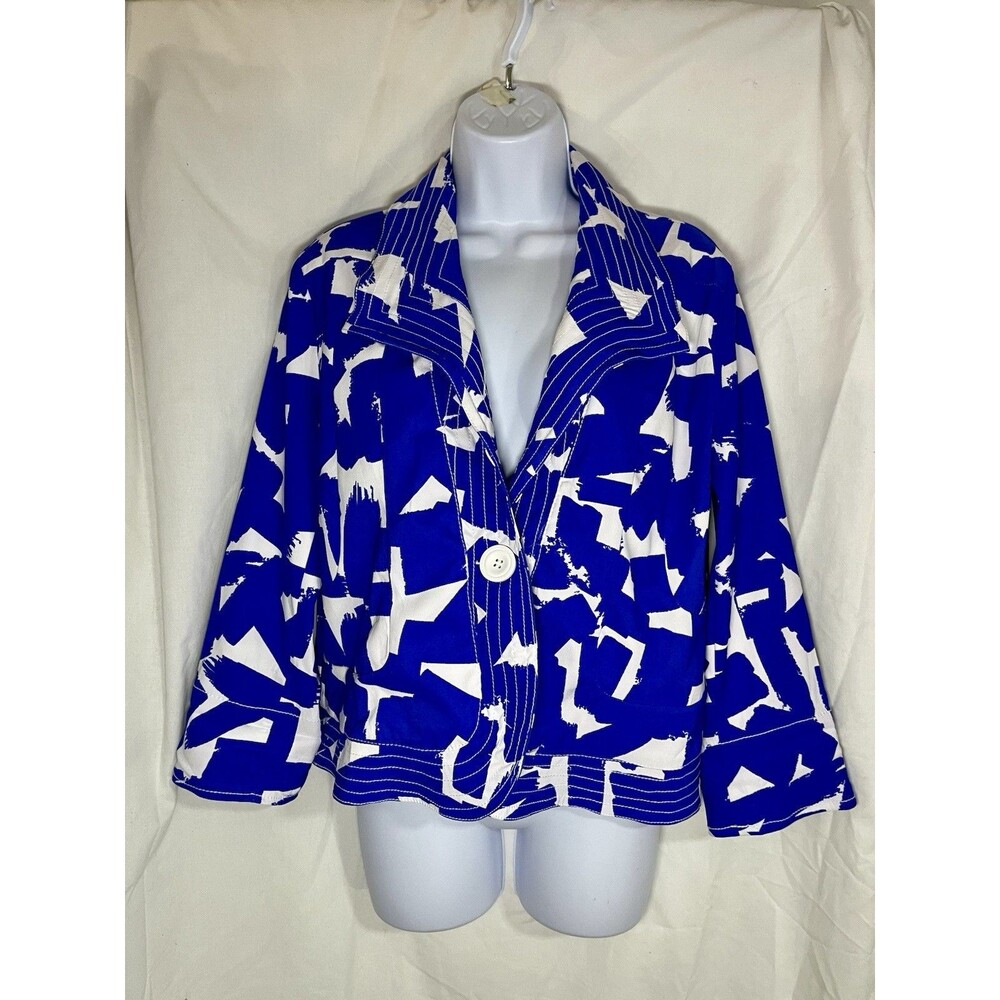 London Blue & White Abstract Print Jacket Blazer Petite Medium PM Stretch
